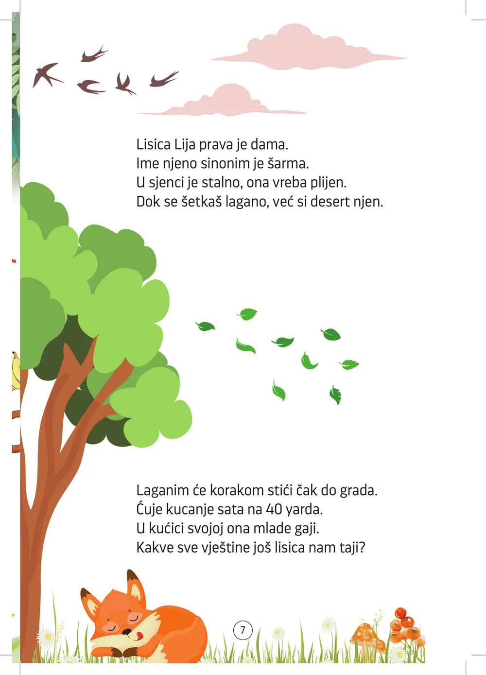 Ilustracija lisice koja spava ispod drveta s lastavicama na nebu