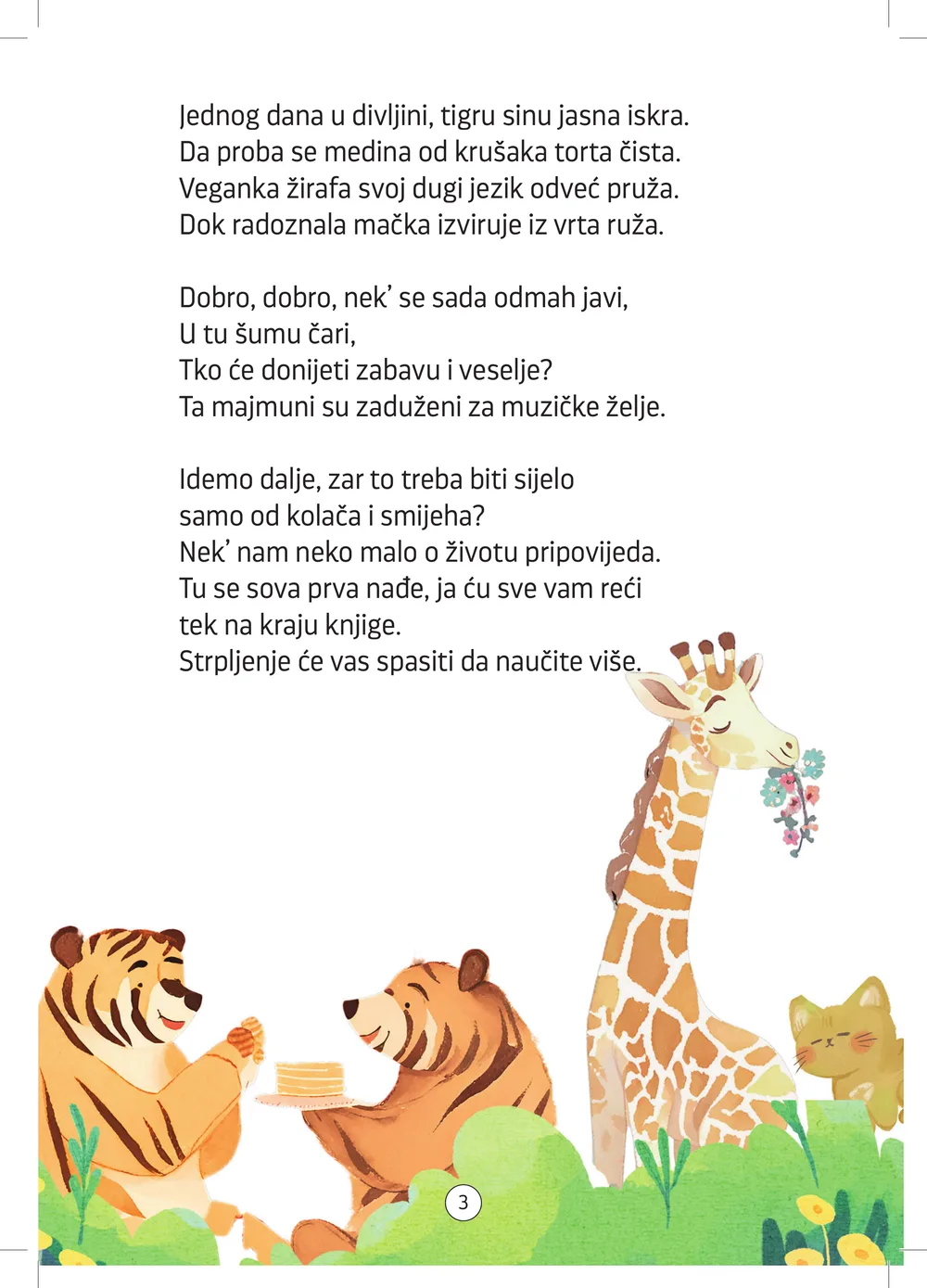 Stranica s tigrom, medvjedom, žirafom i mačkom u šumi, stihovi o prijateljstvu